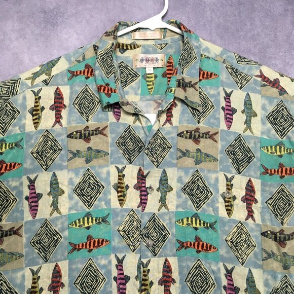 Campia Moda Mens Hawaiian Shirt size XL Short‎ Sleeve Tribal Fish Graphic Green - Picture 6 of 16